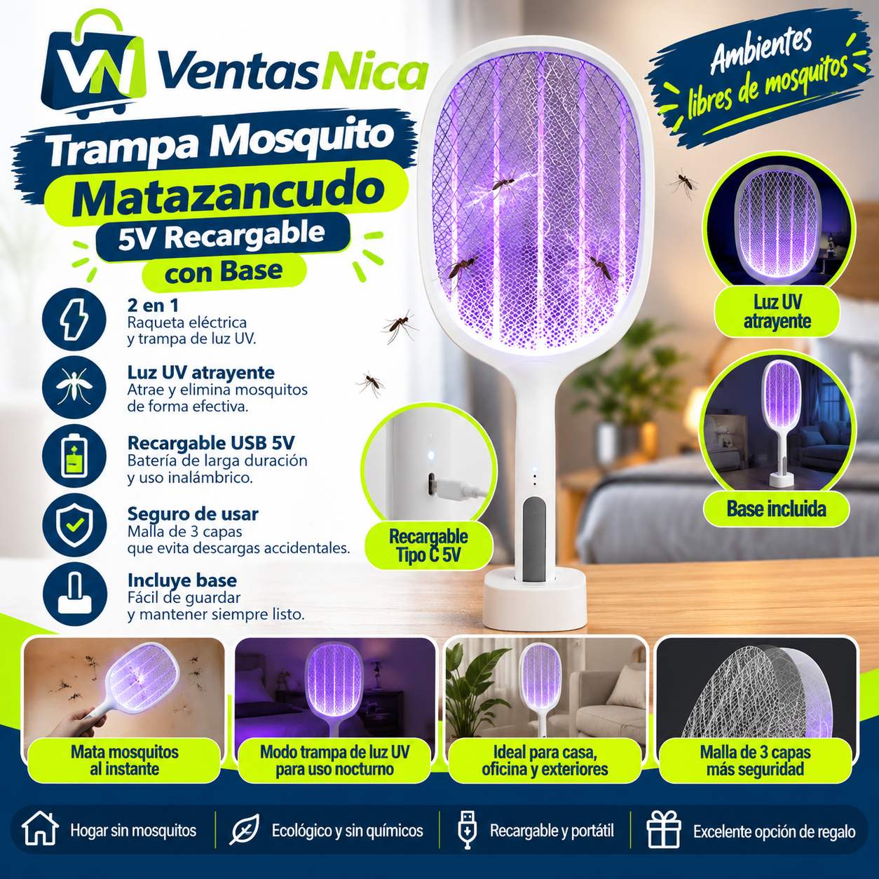 Hogar Cocina Trampa Mosquito Matazancudo 5V recargable TipoC (con Base)