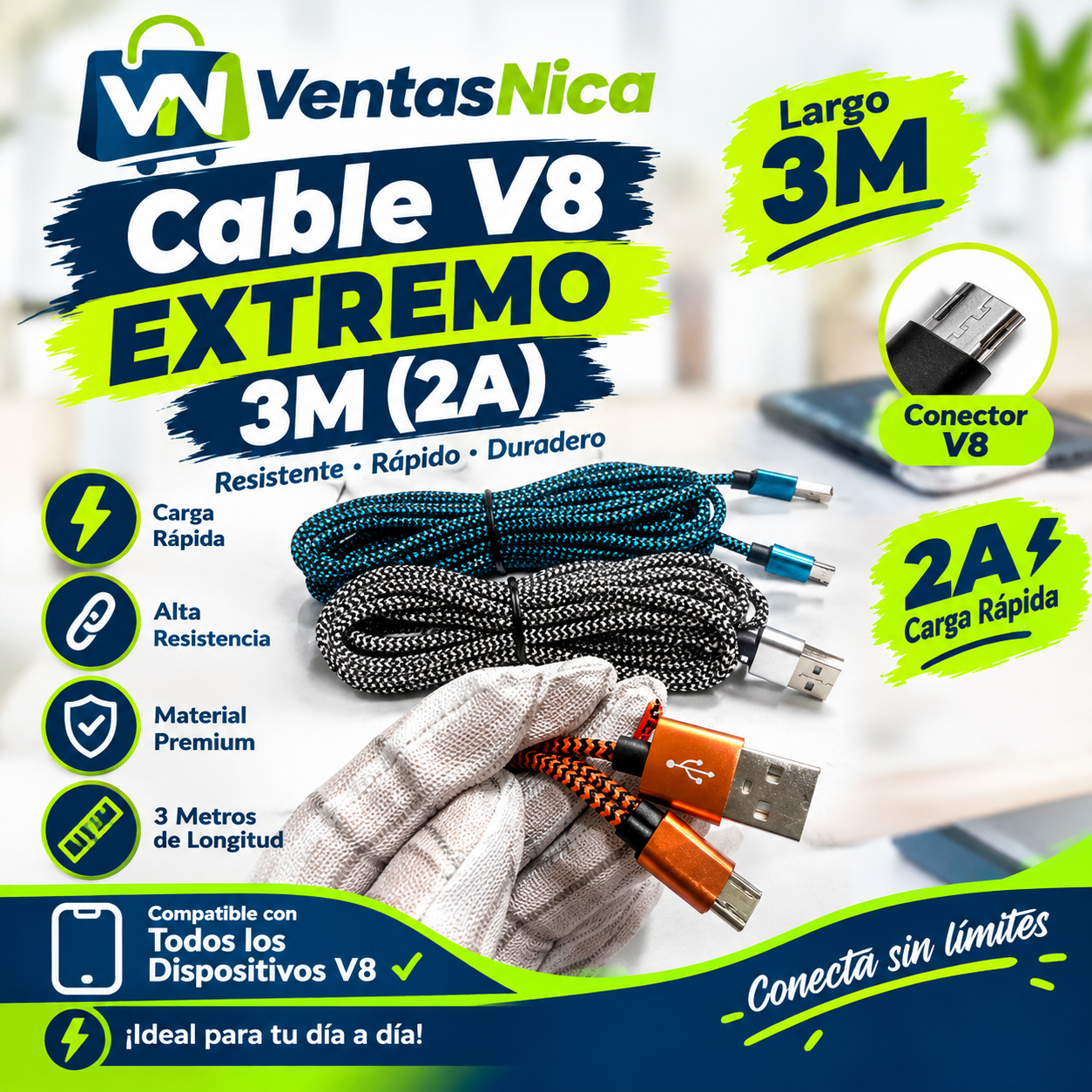 Electrónico Cable V8 EXTREMO 3M (2A)