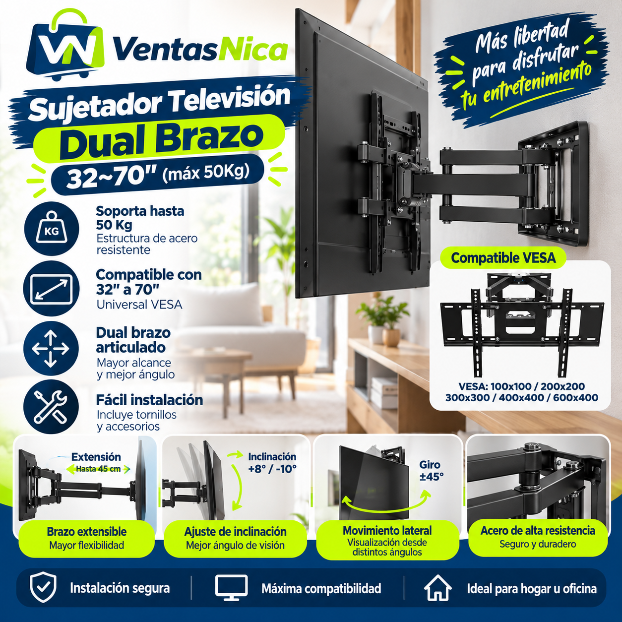 Hogar Sujetador Televisión Dual Brazo 32~70" (máx 50Kg)