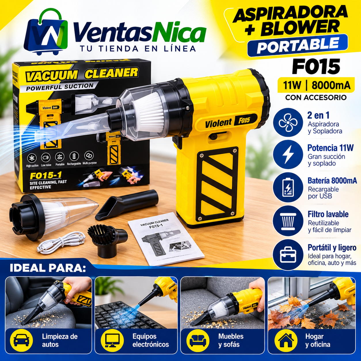 Hogar Aspiradora + Blower Potable F015 11W 8000mA con Accesorio