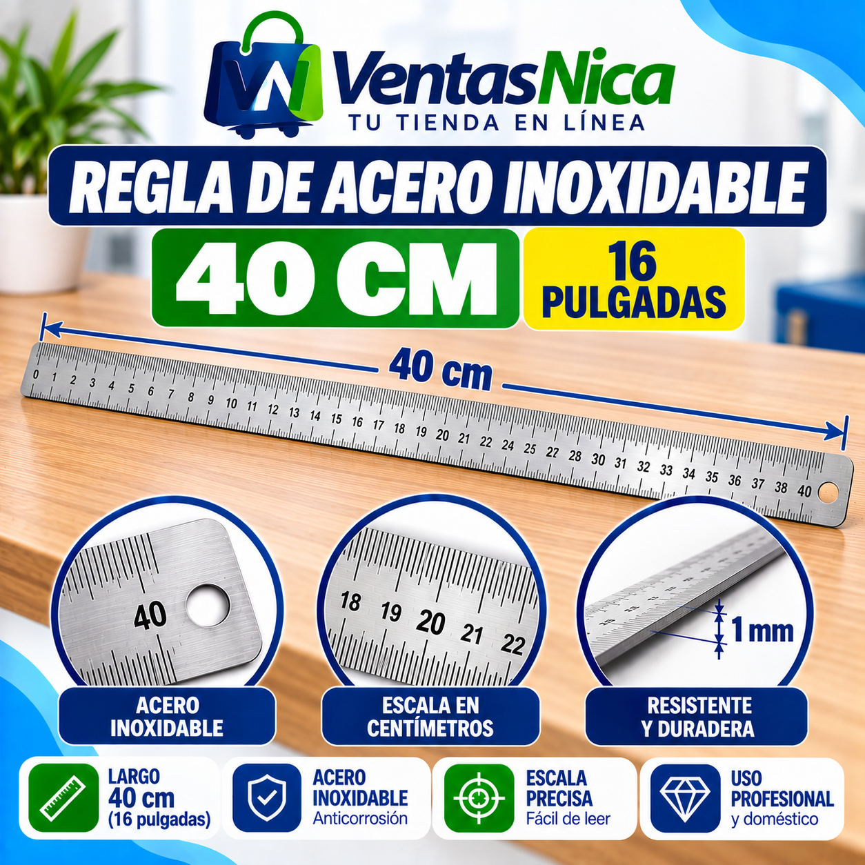 Industrial Herramienta Regla de acero inoxidable de 40cm
